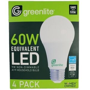 🆕 GREENLITE LED 4 Pack 9W 60W Equivalent Light Bulbs 800 Lumens A19 Non-Dimmable